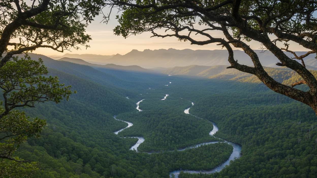 tree top overlooking a deep valley with streams and forests